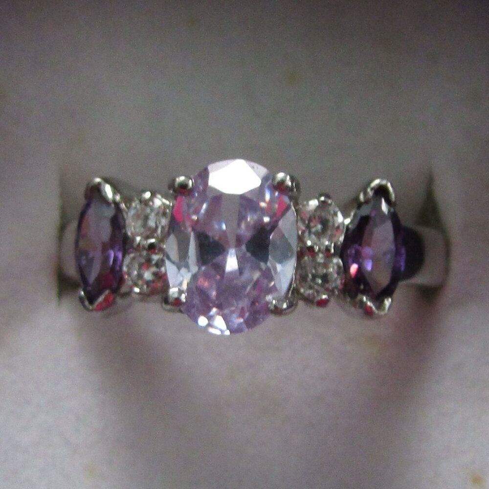 Silver CZ Amethyst Multi-Stone Ring - Sz 8.5